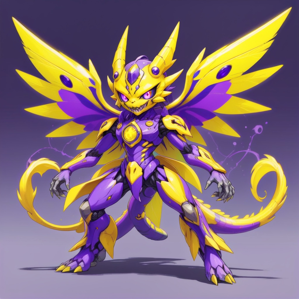 Image of Ankylomon with yellow gray and purple palette in gatcha art style