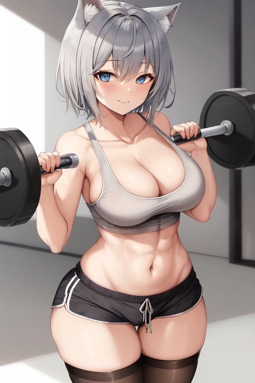 Image of 1girl, short grey hair, blue eyes, grey cat ears, enormus breasts, bicepts, errect s, white tank top, black shorts, sneakers, lifting weights, seductive smile, navel, thighhighs, grey cat tail