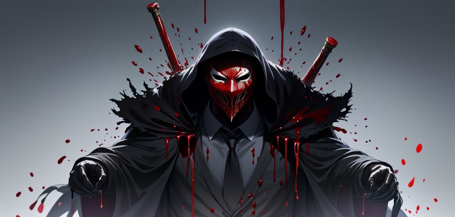 Image of blood, blood on mask, blood on clothes, weapon behind body, masked, suit, heavy black cloak