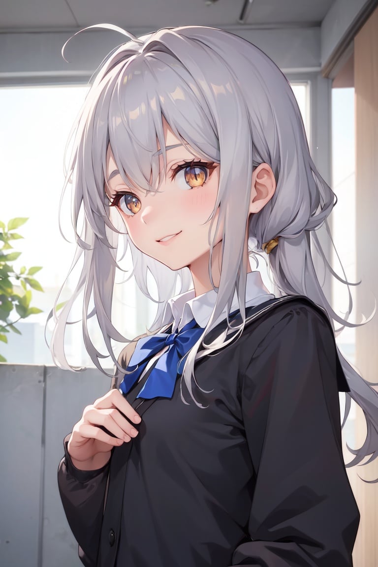 Image of 1girl, solo, realistic, from below, grey hair, amber eyes, smile,  school, school uniform, 
