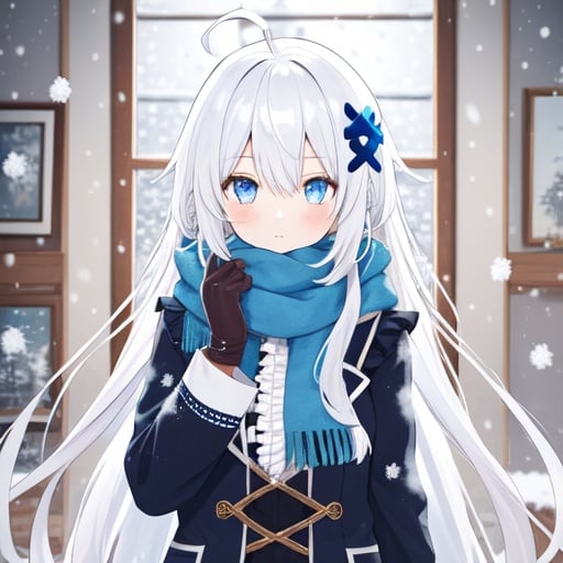 Image of 1girl, solo, very long hair, white hair, ahoge, blue eyes, snowing, indoors, scarf, hair ornament, lace trim, frills, gloves