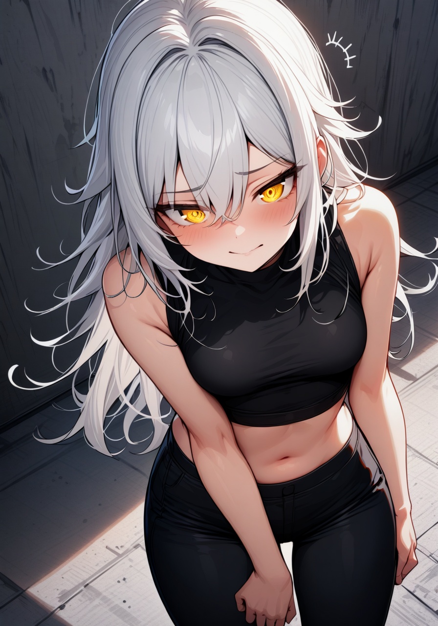 Image of 1 girl, solo, black trousers, black crop top, high quality, detailed eyes+++, yellow eyes,  messy white hair, (calm face), (concrete background), 