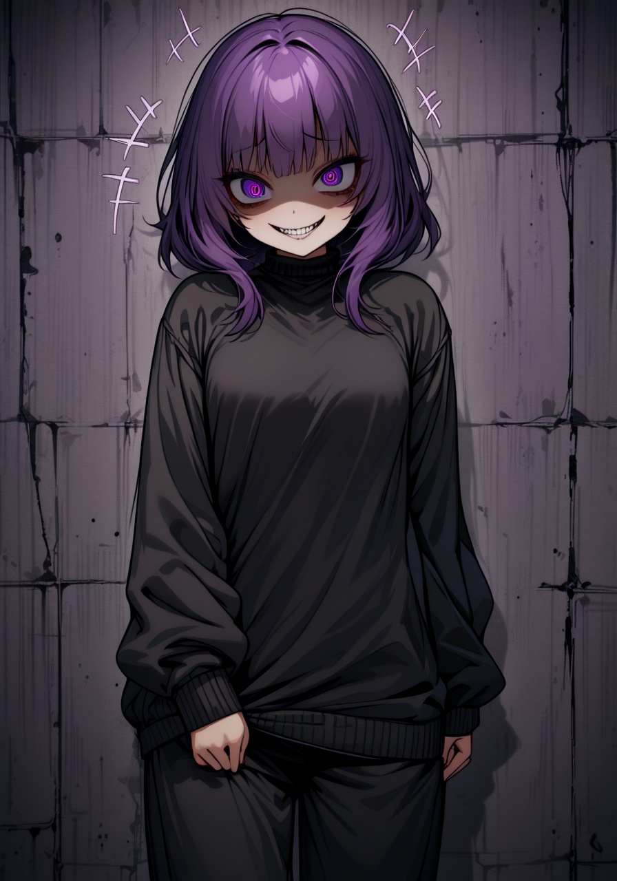 Image of 1 girl, solo, black sweater long sleeves, baggy black trousers, high quality, detailed eyes+++, purple eyes,  purple hair, (evil grin face), (concrete background), yandere vibes, yandere,