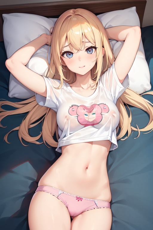Image of 1girl, bed, big eyes, blonde hair, blue eyes, blush, breasts, bright eyes, collarbone, come hither, swept bangs, medium breasts, long hair, straight hair, looking at viewer, lying, navel, s, on back, on bed, , mischievous smile, pulled shorts, pillow, panty shot, solo, stomach, tareme eyes, thighs, t-shirt, shirt lift, pink underwear, (masterpiece), best quality, expressive eyes, perfect face, 4k, ultra-detailed anime art, ultra-detailed eyes, high resolution, wrapped in sheets, 