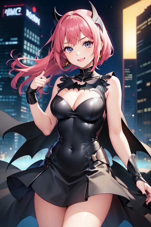 Image of A GIRL,wearing dress inspired by BATMAN, smiling