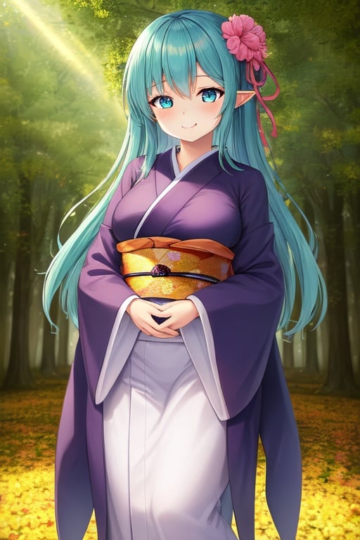 Image of 1 cute girl,fuchsia kimono,standing,short of a person,whole body,big eyes,seductive smile,semi-long hair,aqua hair,blue eyes,looking at viewer,outdoor,fantasy,anime style,masterpiece, extremely fine and beautiful,qiqidef