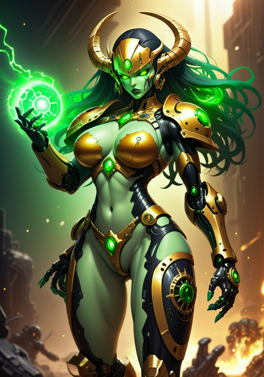 Image of 1 female, synthetic body,Warhammer 40k,Necron,C'tan,Star Goddess,(Silver,green,black and gold metal body),Lamia Necrodermis body,snake Necrodermis body,robot body,Pure energy body encased in robot one,wielding Cosmic powers,large breasts,thick thighs,muscular physic,muscular female,best quality,masterpiece