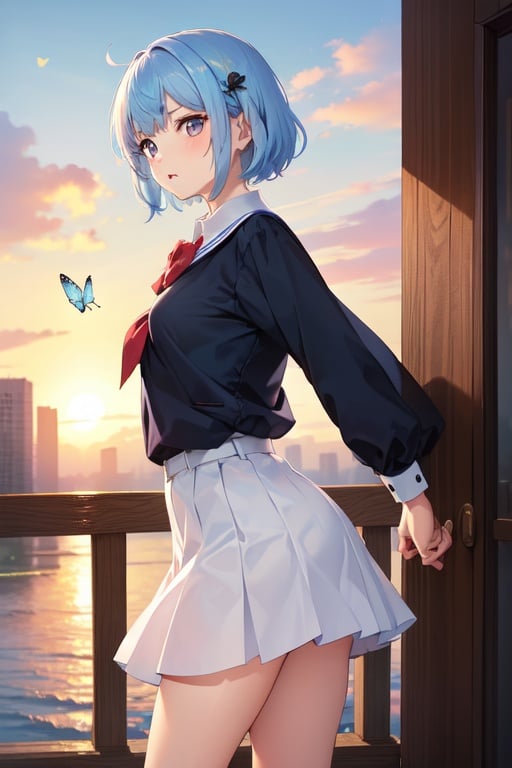 Image of Girl with short hair, butterfly hairpin, stay on wooden bridje, sunset, light blue hair, school uniform