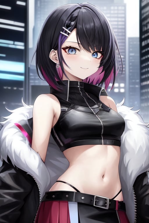 Image of cool eyes shape, small smile, sharp features. Cool,  1girl, solo crop top, coat, multi-colored hair, two-colored hair, (black hair)+, red vertical stripes on hair, short hair, blue eyes, hair ornament, punk,  skirt, high resolution, y+, slut, high quality, masterpiece, cyberpunk, lady