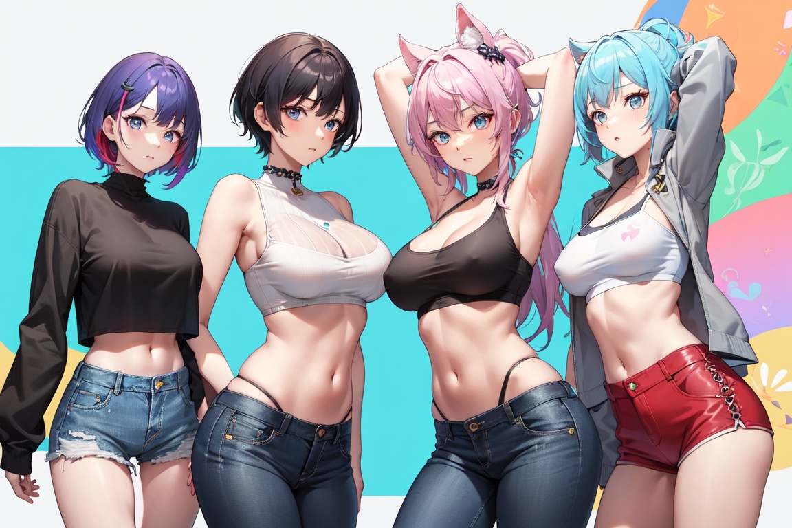 Image of abstraction, magic, elemental, rainbow tones, kaboo multicolored hair++,  ponytail, short hair, blue eyes, big boobs, navel, crop top, jeans, thick thighs, original, thin waist ,showing armpits