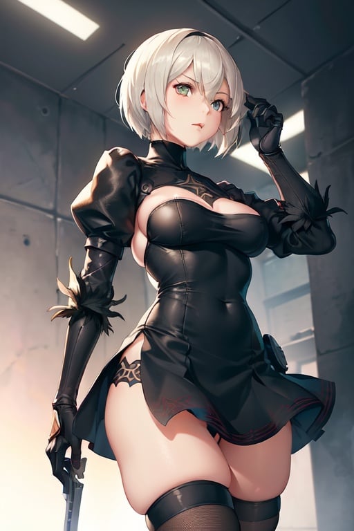 Image of 1girl++, nier (series), nier automata, yorha no. 2 type b, short hair,  gloves, thighhighs, skirt, fighting, evil robot