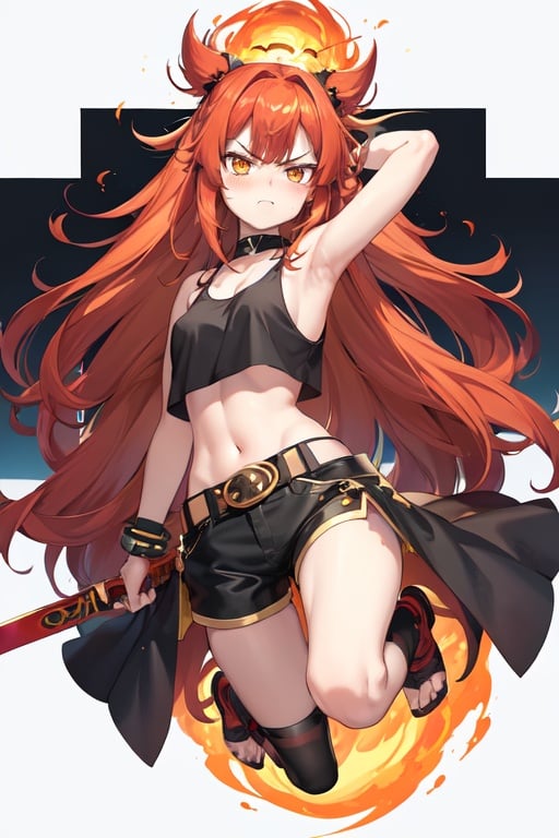 Image of 1girl, Long red hair, yellow eyes, black crown, magic, fireball, black tank top, black shorts, belt, bracelets, jacket, cute stocking, (kawaii), (best quality), (armpit), (blush), translucent hair, (angry), full body, dutch angle,  (realistic:1.1), masterpiece, best quality, perfect hands, perfect face, 