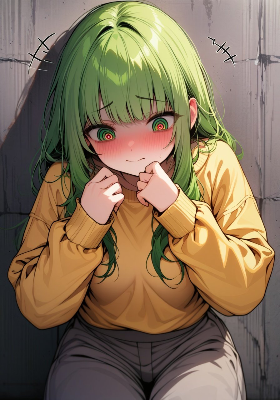 Image of 1 girl, solo, yellow sweater long sleeves, baggy grey trousers, high quality, detailed eyes+++, bright green eyes,  bright green hair, (shy face), (concrete background), yandere vibes, yandere,