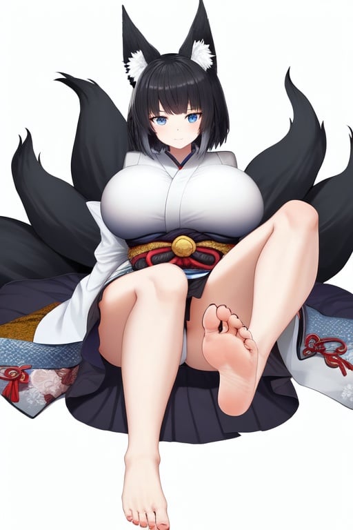 Image of +Soles, feet, bottom of foot, foot focus, foot up, feet up, +kitsune, +blue eyes, +black hair, +short hair, +huge breasts, mive breasts, black tail, fox ears, fox tail, +5 toes, five toes, barefoot, legs apart, simple background, fantasy, shrine maiden clothes, japanese clothes