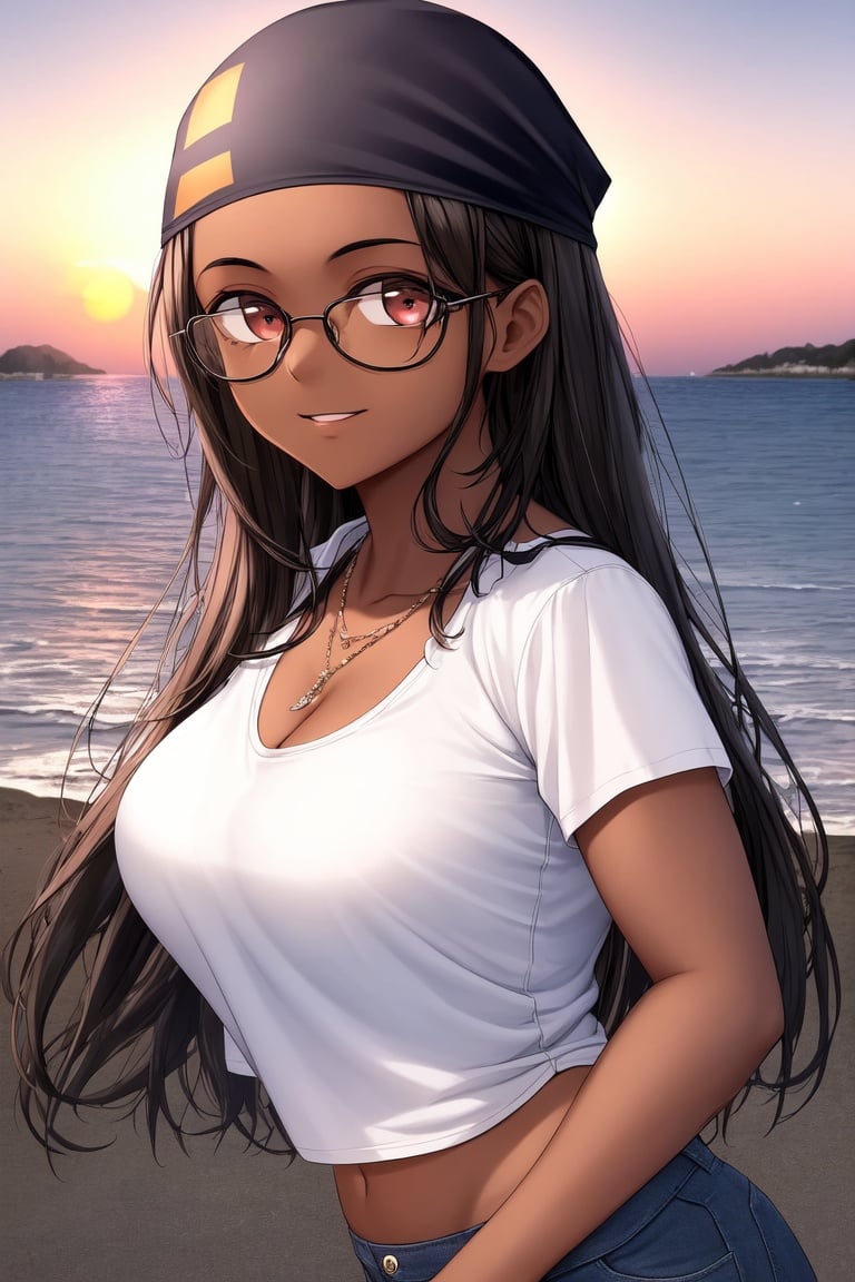Image of absurdres, 1girl, dark-skinned female, long hair, black hair, brown eyes, large breasts, cleavage, t-shirt, bandana, jeans, sneakers, white shirt++, gles, outdoors, sunset+, harbor, facing viewer, looking at viewer, close-up, cleavage reach, smile, masterpiece+++