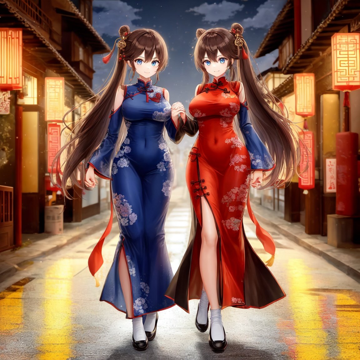 Image of One pair of identical twin sister with very large breast and large butt and long thigh and long legs and long hair and brown hair and blue eyes and thin bangs and happy and wearing Chinese traditional clothes and flats shoes are walking at Chinese traditional street and holding hands with each other at night, street full of red lightens, warm light, happy, full of female people