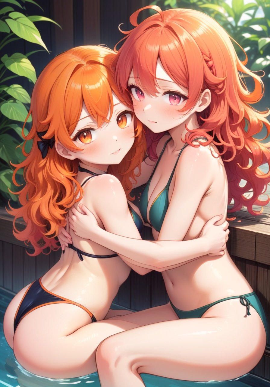 Image of 2girls, realistic, sitting, (hugging own legs)+++, from side, orange hair, pink eyes, :3, curly hair, ahoge-, swimsuit, onsen