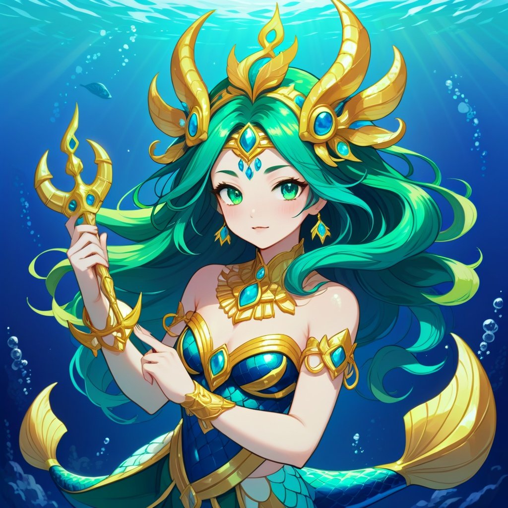 Image of Ancient Mermaimon with blue sea-green deep-blue gold and white palette in gatcha art style