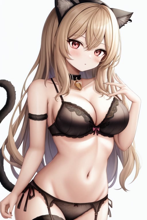 Image of kaede akamatsu, black underwear, plaid lingerie, simple background, neko ears, tail