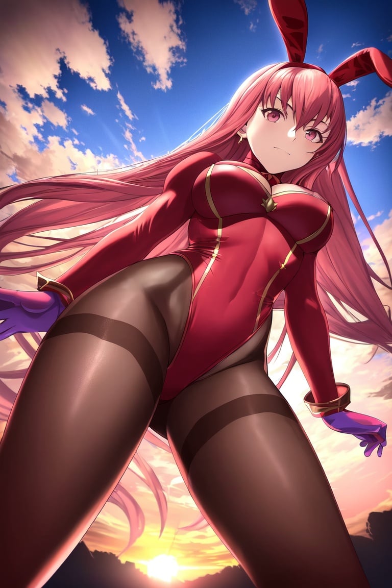 Image of absurdres, fate (series), fate/grand order, medb (fate), long hair, pink hair, brown eyes, medium breasts, cleavage, playboy bunny, red leotard++, pantyhose, brown legwear++, high heels, earrings, outdoors, sunset+, looking at viewer, from below, happy, masterpiece+++