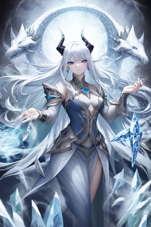 Image of (masterpiece), best quality, expressive blue eyes, perfect face, dragon horns, white hair, slit eyes, multicolored eyes, ethereal, fantasy, dreamlike, landscape, Intricate Surface Detail, Crystalcore, Crystals, Bejeweled, ethereal dress, fantasy armor,(abstract background),  