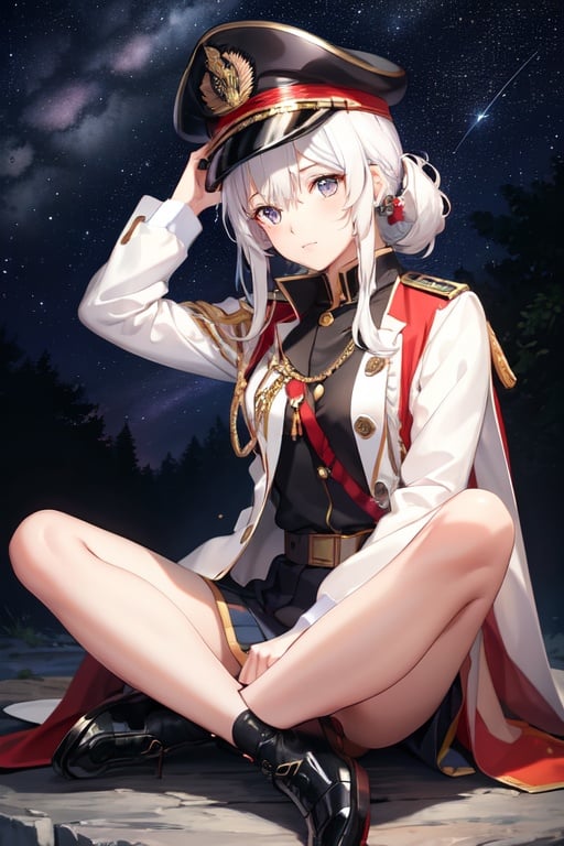 Image of 1girl, solo, scenery, sitting, indian style, white hair, black eyes, nervous, hat, military uniform, shoes, piercing, (starry sky)++