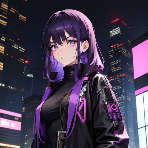Image of 1 girl, solo, black sweater long sleeves, baggy black trousers, high quality, detailed eyes+++, purple eyes,  purple hair, (calm face), (cyberpunk background), futuristic city, cyber punk tech+++,