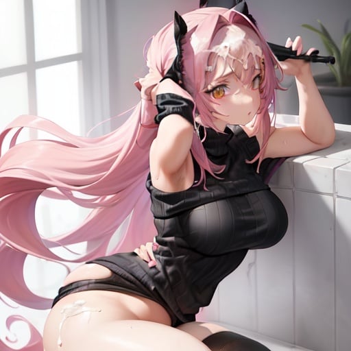 Image of Girl, long pink hairs, extreamly big tits, extreamly big , pink like space eyes, sad  face, wears black long sweater, wears black stockings, no cloth shoulders, no cloth rear,  on cloth, spread armpit, flushed, sweat. Sitting in  bath
