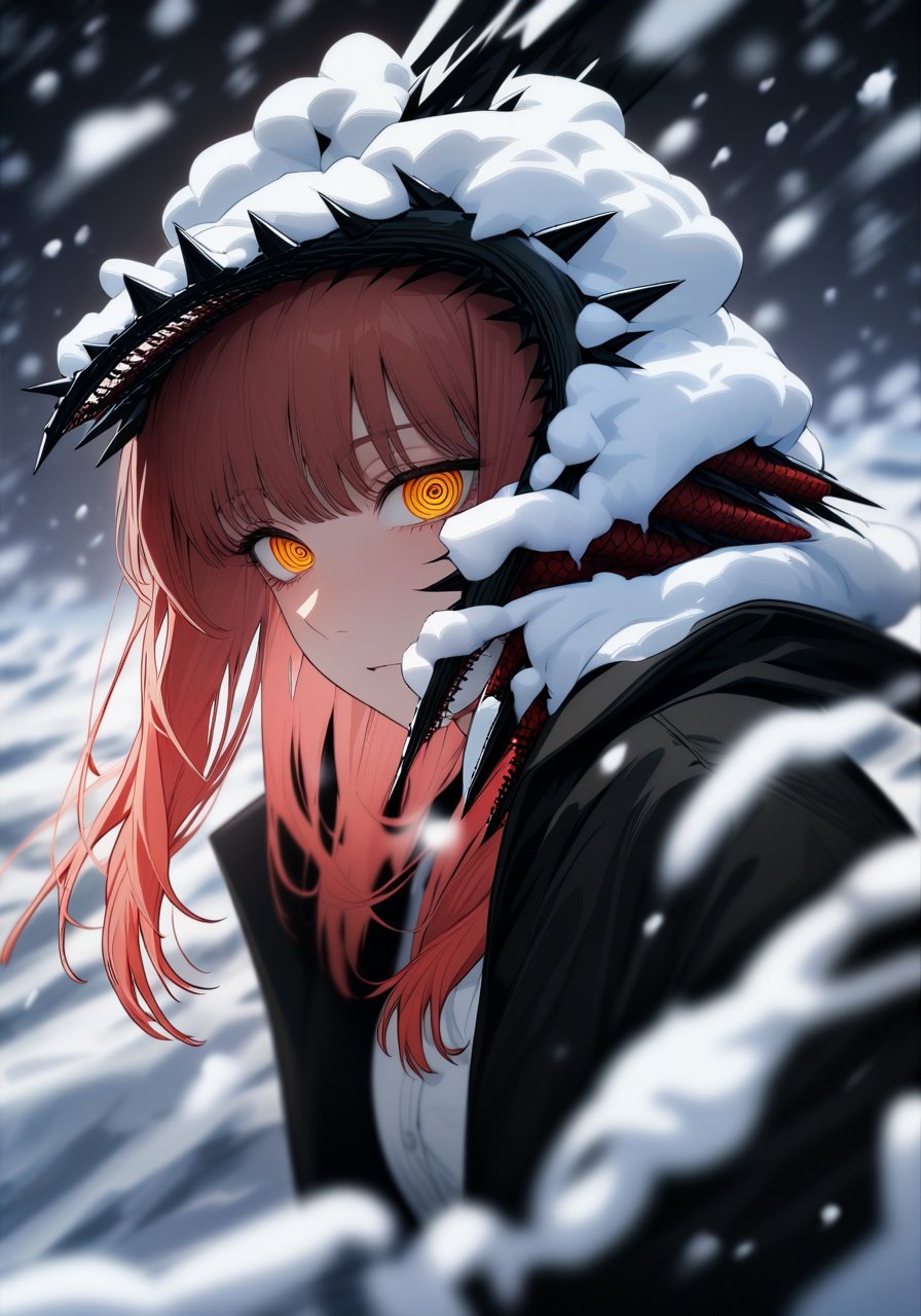 Image of makima (chainsaw man), ringed eyes, snowy background