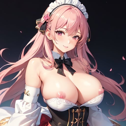 Image of best quality, ultra-detailed, high resolution, extremely detailed cg, anime picture,Fantasy, 1 girl, solo, highly detailed and beautiful background, big breast, maid outfit,  slip, otie ping between breast,  pink , beautiful smile, mature woman,perfect arms