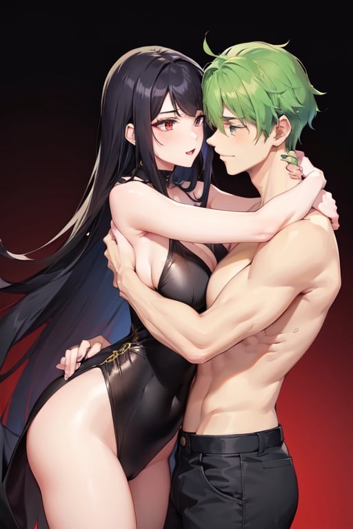 Image of A girl with long black hair and milf body hugs a boy with green hair