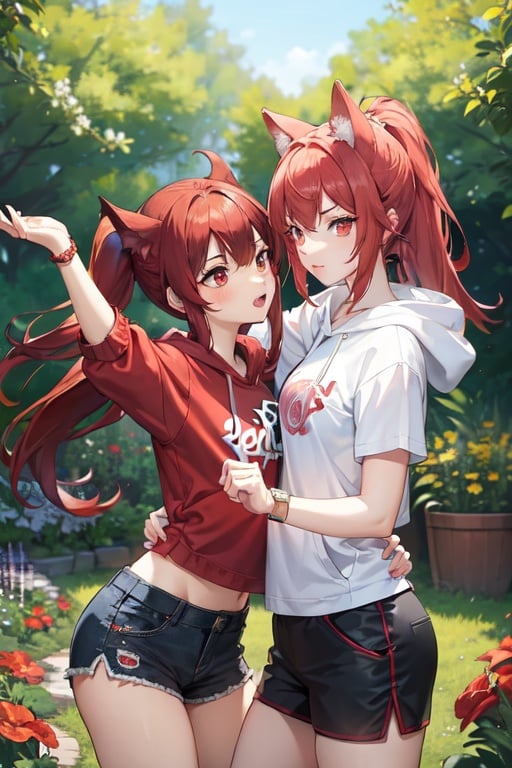 Image of 2girls, intricate detail, dancing, red hair, red eyes, ponytail, wolf ears, hoodie, shorts, watch, garden