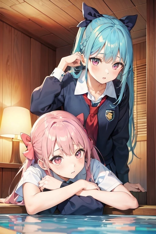 Image of 2girls, head rest, aqua hair, pink eyes, :o, hair bow, school uniform, sauna