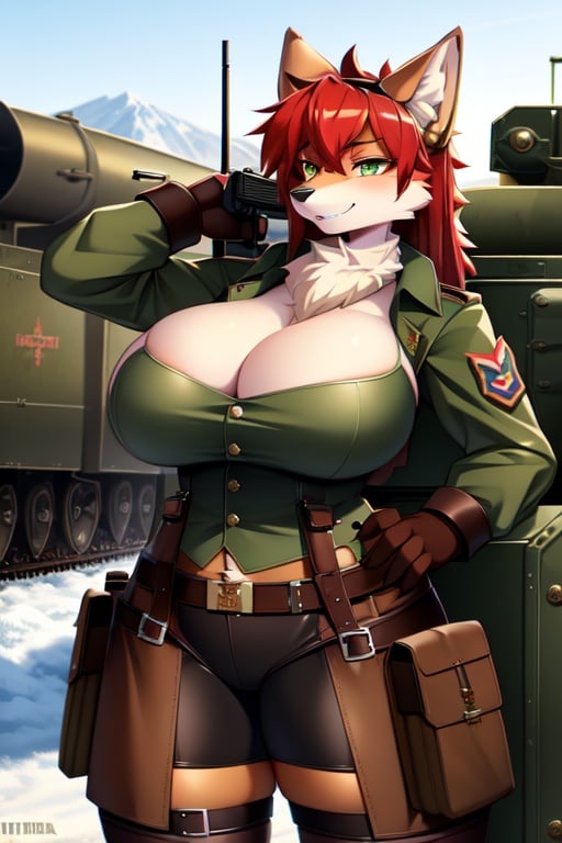 Image of scenery, dieselpunk++, tank, 1female+++, big breasts, lingerie, military uniform, long red hair, green eyes, mature female, milf, holding rifle, world war 1