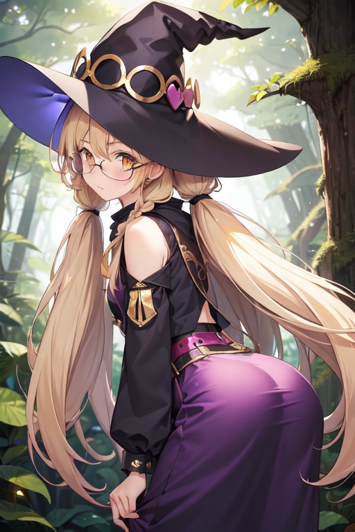 Image of Long hair, girl, two pigtails, Yellow eyes, purple witch costume, gles, forest background, purple witch hat, Very tall, Blonde hair, big 