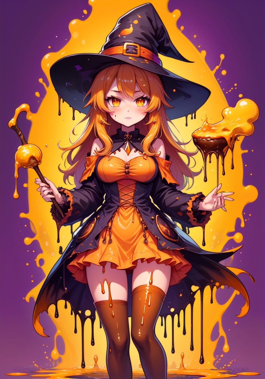 Image of Witch in Fulvous colors with a witch outfit and hat dripping with butterscotch and a dripping wand splashes and drips of fulvous background