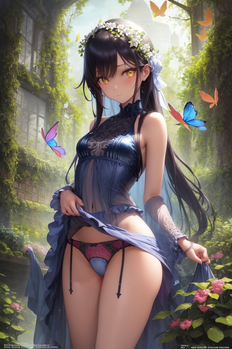 Image of masterpiece++,best quality++,ultra-detailed+++,1girl,(high small breasts)+,solo,cute,y,clear face,magical,rainbows,manga cover,soft,pure,beautiful,outside,masterpiece,watercolor,secret garden,godess,birds and butterflies,eretheral beauty,cute translusent  and relief ,(perfect girl figure)+