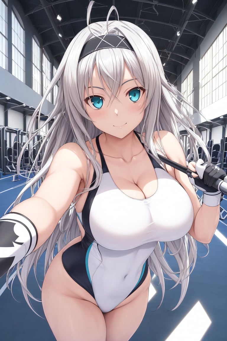 Image of absurdres, high school dxd, rossweisse, long hair, silver hair, aqua eyes, huge breasts, cleavage, one-piece swimsuit, white swimsuit++, highleg swimsuit, fingerless gloves, sneakers, white headband++, indoors, gym, facing viewer, looking at viewer, smile, dancing, masterpiece+++