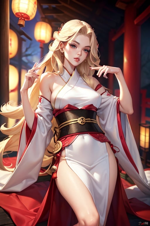 Image of fit, realistic++, skinny, (extremely detailed), caucasian, blonde, (lips like Angelina jolie’s)+++, very long hair, (beautiful Japanese dress)+++