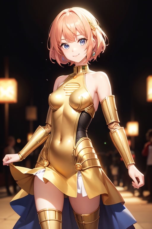 Image of A GIRL,wearing dress inspired by C3PO smiling