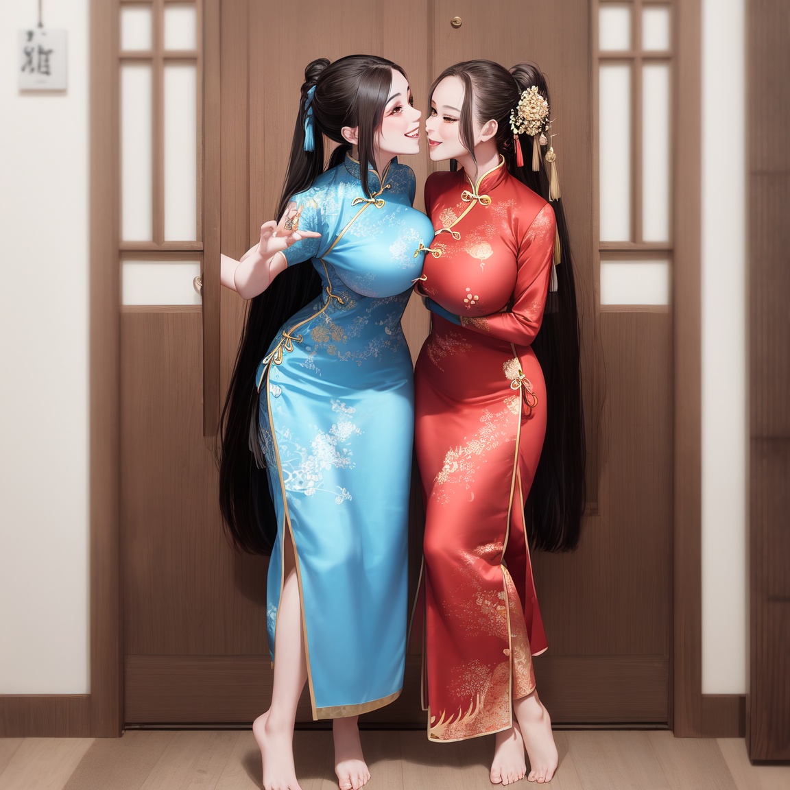 Image of Multiple identical young women with very mive breast and very long hair and black hair and blue eyes and showing forehead and hair over one eye and hair over breasts and happy and cute face are wearing Chinese traditional clothing and barefoot and standing in front of wood door and embracing each other and kiss and surrounded by many identical women in the morning, brown hair, smile, happy face, hair over one eye, showing forehead, full body, happy, cold light, Multiple identical young women, Multiple women, many women, crowds, crowded, (Multiple identical young women), 6+girls, (6+girls)