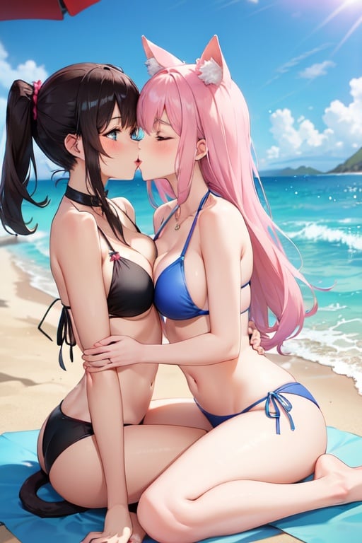 Image of a cat girl kissing a woman on the beach, fingering the woman in her bikini