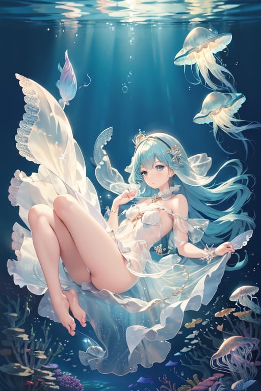 Image of (highest quality), (masterpiece), (super detailed), illustration, detailed light, (very delicate and beautiful girl),
 jellyfish girl, upper body, floating in water, (underwater), (light), (bubbles), delicate and adorable face, falling in love,
 (rainbow eyes), light teal hair, (dress), ribbon, lace, pearls, fish, (jellyfish), Beautiful scenery (top quality),
 (masterpiece), (super detailed), illustration, detailed light, (very delicate and beautiful girl), jellyfish girl, upper body,
 floating in water, (under the sea), (light), (bubbles), delicate and adorable face, falling in love, (rainbow eyes),
 light teal hair, (dress), ribbon, lace, pearl, fish, (jellyfish), beautiful scenery 1, Jewlery, mermaid, scales, 
