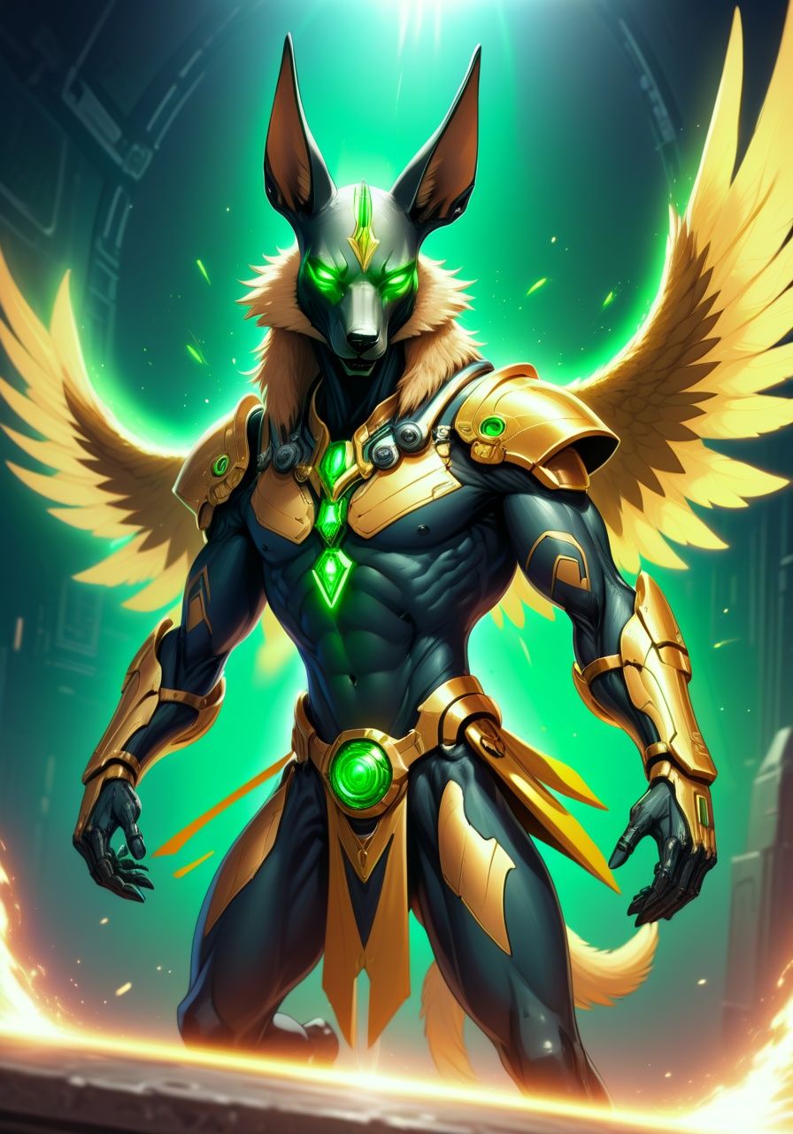 Image of 1male,Anubis,Jackal,Anthropomorphic,furry,synthetic body,synthetic fur,robotic wings,robotic body,Warhammer 40k,Necron,C'tan,Star God,Goddess,(Silver,green and gold metal body),Necrodermis Body,robot body,Pure energy body within Necrodermis body,wielding cosmic power,flying in space,muscular male body,large muscles,masterpiece,best quality 