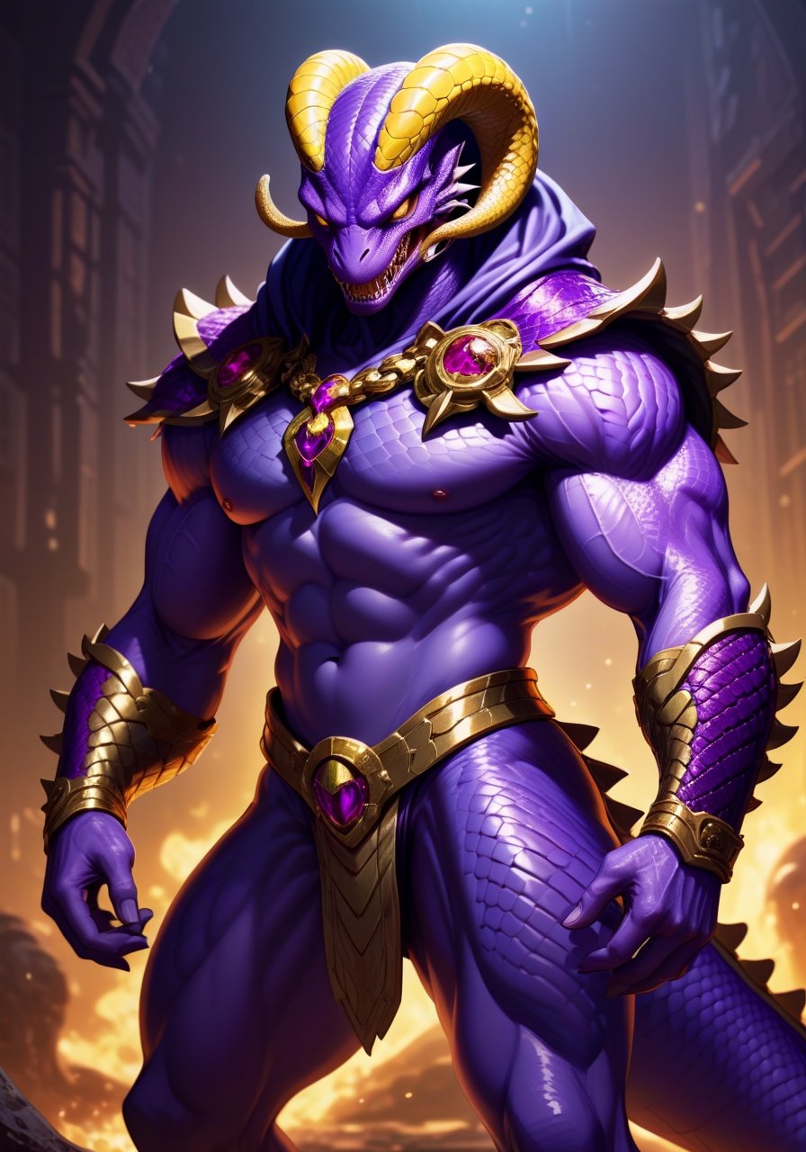 Image of 1 male,four arms,Anthropomorphic snake,Scalie,purple skin+++,purple scales+++,Slaneesh,Daemon,reptilian eyes, reptilian head,cobra head,cobra hood,snake tail lower half,snake lower half,reptilian body,snake body,Warhammer 40k,Daemon Prince,purple and gold armour,muscular male,body builder male,large muscles,best quality,masterpiece