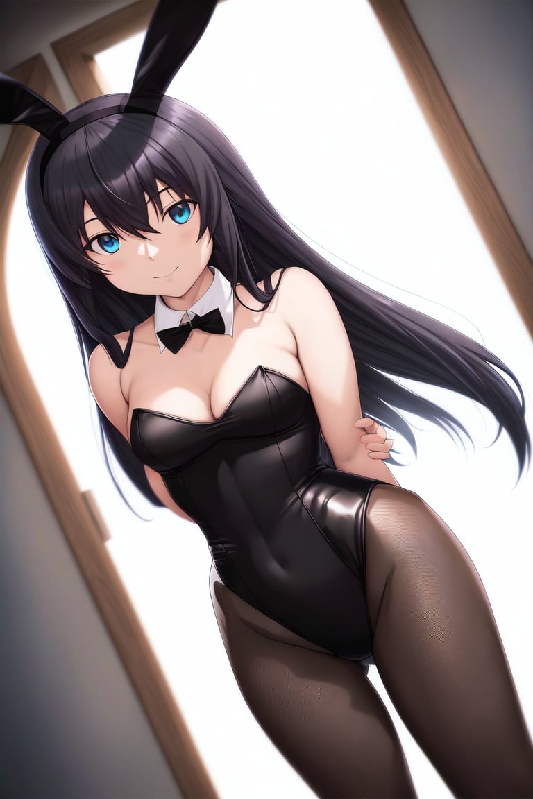 Image of absurdres, tsukihime, tohno akiha, long hair, black hair, aqua eyes, small breasts, cleavage, playboy bunny, black leotard++, pantyhose, black legwear++, high heels, indoors, looking at viewer, dutch angle, smile, arms behind back, masterpiece+++
