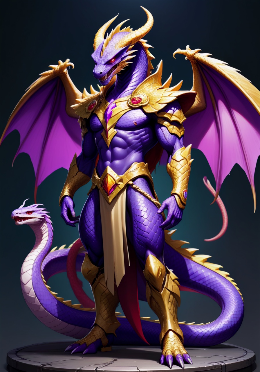 Image of 1 male,four arms+++,Anthropomorphic snake dragon hybrid+++,Scalie+++,naga dragon hybrid+++,purple skin+++,purple scales+++,Slaneesh,Daemon,reptilian eyes, reptilian head,cobra dragon head,cobra hood+++,snake tail lower half+++,snake lower half+++,large tail replaces legs,snake tail replaces legs+++,Large reptilian wings+++,reptilian body,snake body,Warhammer 40k,Daemon Prince,purple and gold armour+++,muscular male,body builder male,large muscles,best quality,masterpiece