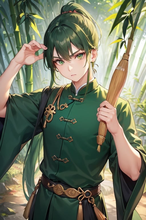 Image of (intricate detail), masterpiece, 1boy++, green eye, bamboo forest, green chinese clothes, high long ponytail, dark green hair, serious face
