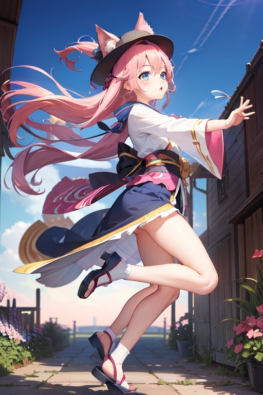 Image of 1girl, solo, dancing, from side, pink hair, blue eyes, scared, very long hair, hat, dog ears, kimono, shoes, frills, garden