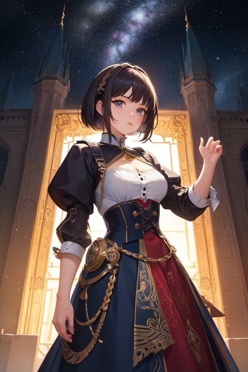 Image of (Masterpiece, highest quality, absolute resolution, hyper-realistic work, intricate, meticulous and detailed realistic materials and textures and light sources, perfect anatomy),
BREAK,

Girl, Viewer, One Length Bob Cut Braided Ponytail Hair, Impressionistic, Vintage, "((A young girl wears a gorgeous western dress with cosmic elements as a princess of the Milky Way:1.2)), set in a future society with an advanced scientific background with a starry sky, cosmic elements and The scene combines fantastical details. Spacecraft capable of interstellar travel and advanced city skylines are depicted in the background.
"BREAK 
,

Nice hands, perfect hands, 